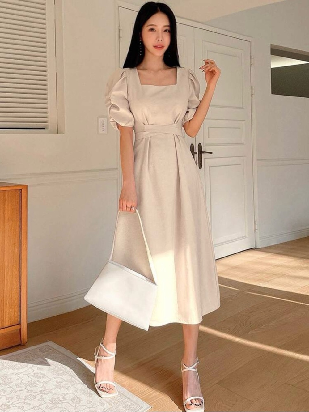 Elegant Square-Neck Puff Sleeve Midi Dress in Cream